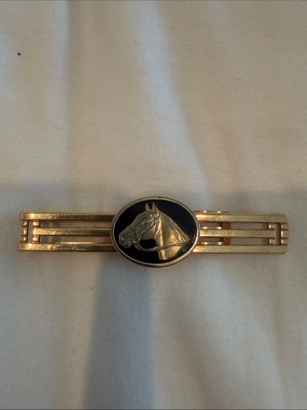 Gold Horse Head Tie Bar with Black Enamel Medallion